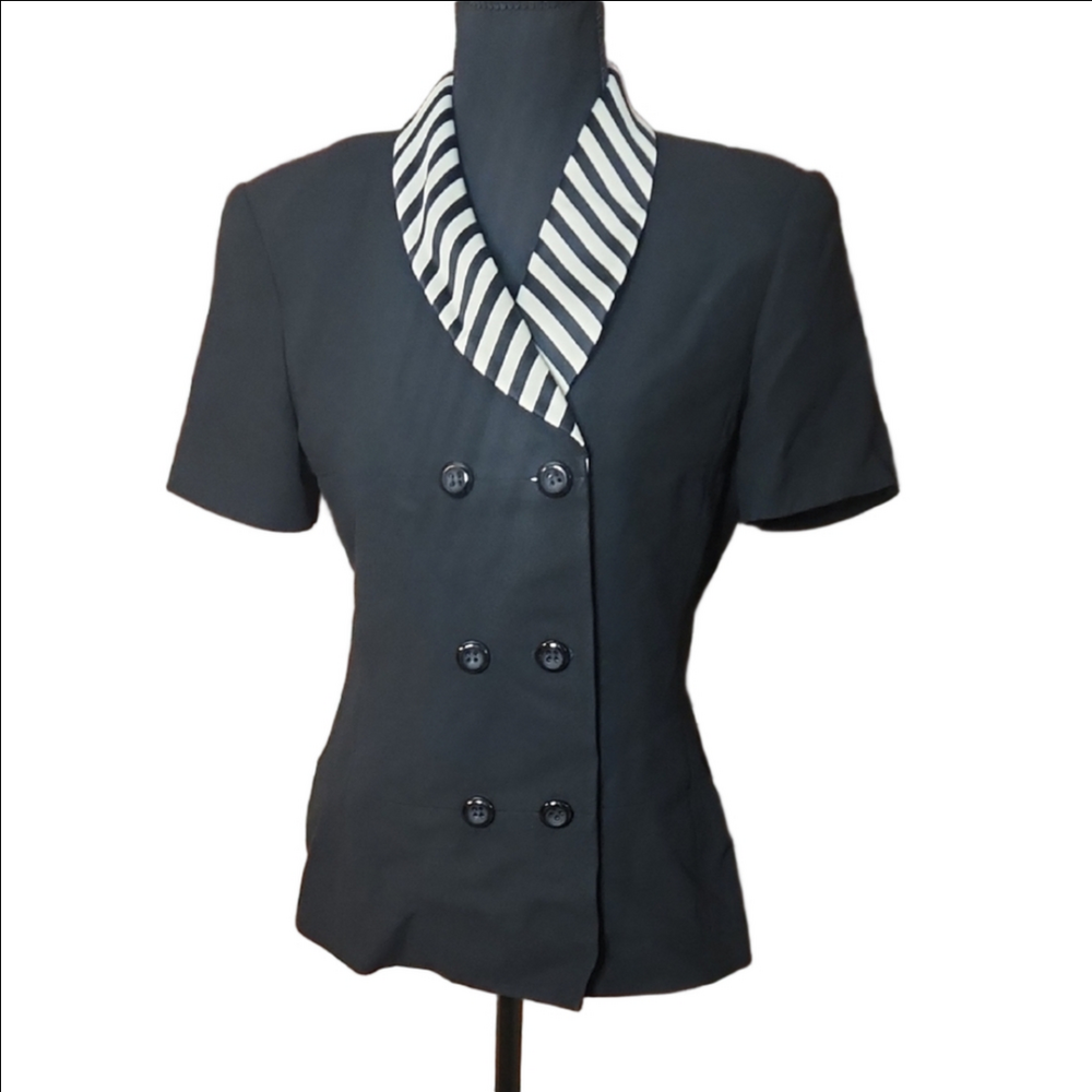Kasper Black Double-Breasted Blazer with Striped Collar, Size 4